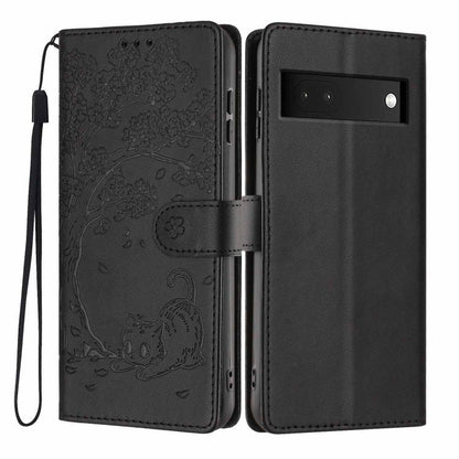 Tree Cat Embossed Flip Vegan Leather Phone Case, For Google Pixel 6a