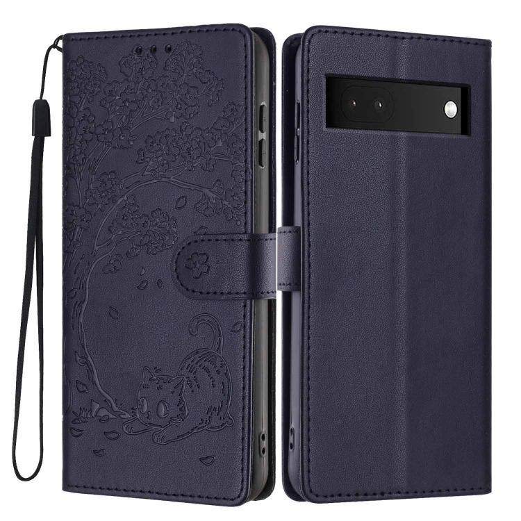 Tree Cat Embossed Flip Vegan Leather Phone Case, For Google Pixel 6a