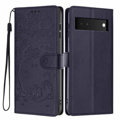 Tree Cat Embossed Flip Vegan Leather Phone Case, For Google Pixel 6a