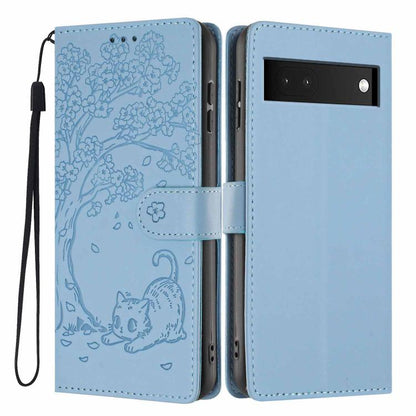 Tree Cat Embossed Flip Vegan Leather Phone Case, For Google Pixel 6a