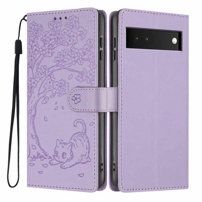 Tree Cat Embossed Flip Vegan Leather Phone Case, For Google Pixel 6a
