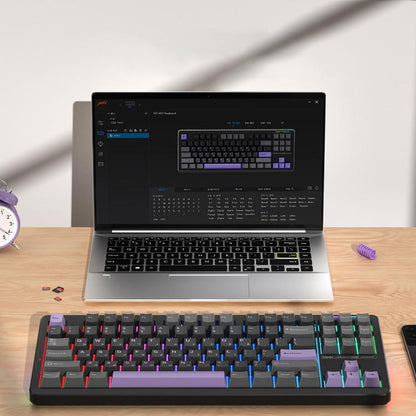 LINGBAO K87 Tri-Mode Hot Swap Mechanical Keyboard, Black-Gray Wood Axis, Black White-Gray Wood Axis