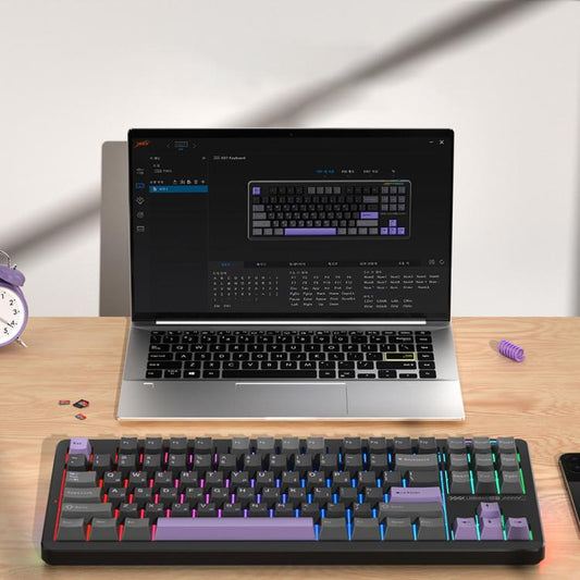 Clavier mécanique LINGBAO K87 Tri-Mode Hot Swap, axe bois gris-noir, axe bois blanc-gris noir