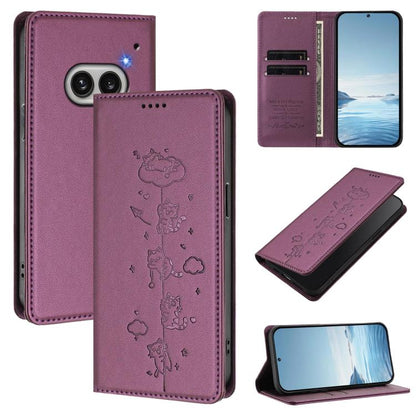 Cute Cats Embossed Magnetic RFID Vegan Leather Phone Case, For Nothing Phone 4a Pro, For Nothing Phone 4a, For Nothing Phone 3a Lite, For Nothing Phone 3, For Nothing CMF Phone 2 Pro, For Nothing Phone 3a, For Nothing Phone 3a Pro, For Nothing CMF Phon...