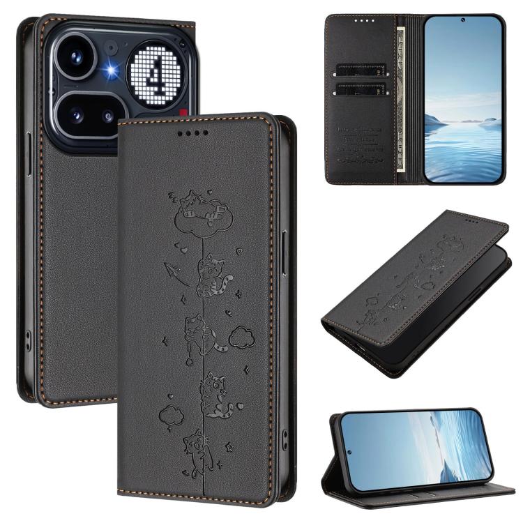 Cute Cats Embossed Magnetic RFID Vegan Leather Phone Case, For Nothing Phone 4a Pro, For Nothing Phone 4a, For Nothing Phone 3a Lite, For Nothing Phone 3, For Nothing CMF Phone 2 Pro, For Nothing Phone 3a, For Nothing Phone 3a Pro, For Nothing CMF Phon...