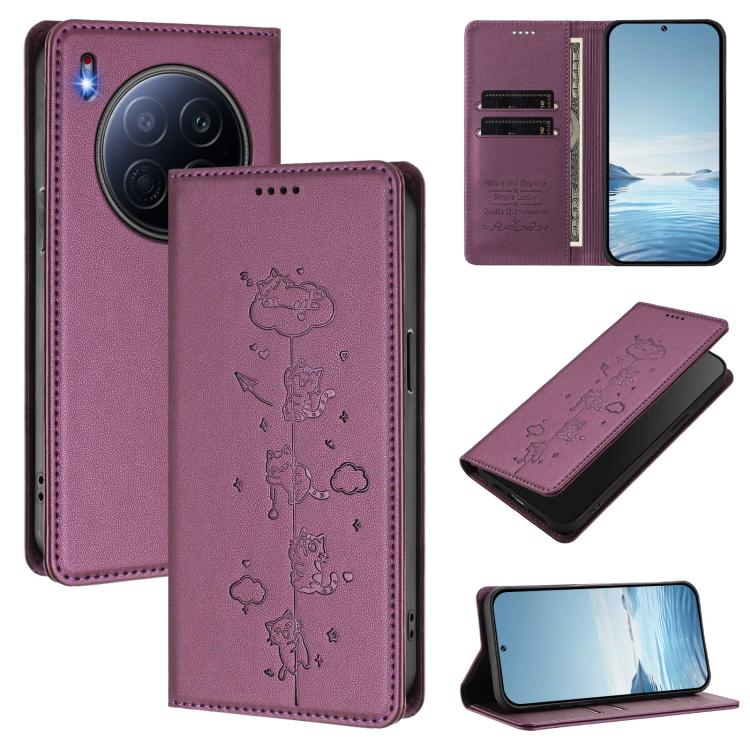 Cute Cats Embossed Magnetic RFID Vegan Leather Phone Case, For Tecno Spark 40 4G, For Tecno Pova 7 Ultra 5G, For Tecno Spark Go 1S / Go 1, For Tecno Camon 40 Pro 4G, For Tecno Camon 40 Premier, For Tecno Camon 40 4G, For Tecno Spark 30C 5G / Pop 9 5G  ...
