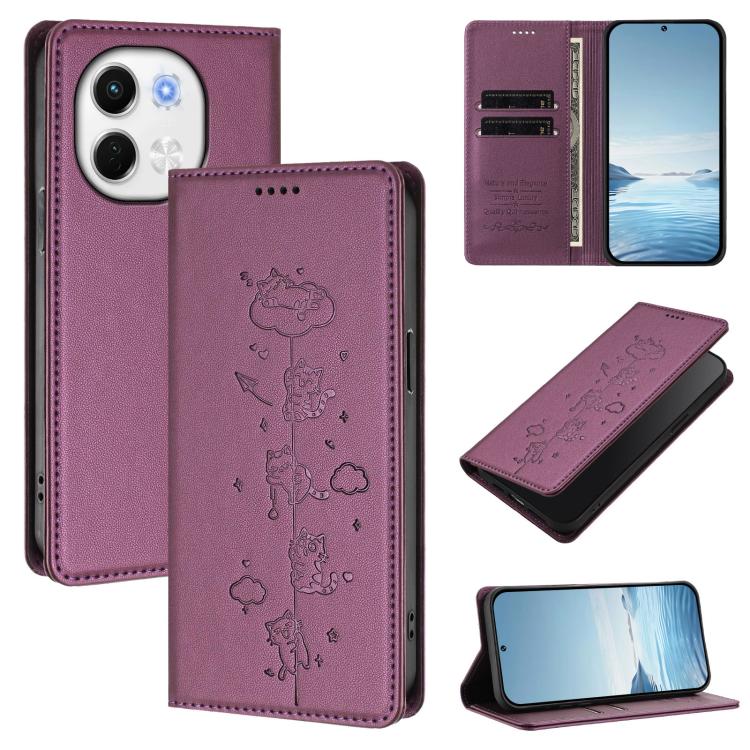Cute Cats Embossed Magnetic RFID Vegan Leather Phone Case, For Tecno Spark 40 4G, For Tecno Pova 7 Ultra 5G, For Tecno Spark Go 1S / Go 1, For Tecno Camon 40 Pro 4G, For Tecno Camon 40 Premier, For Tecno Camon 40 4G, For Tecno Spark 30C 5G / Pop 9 5G  ...
