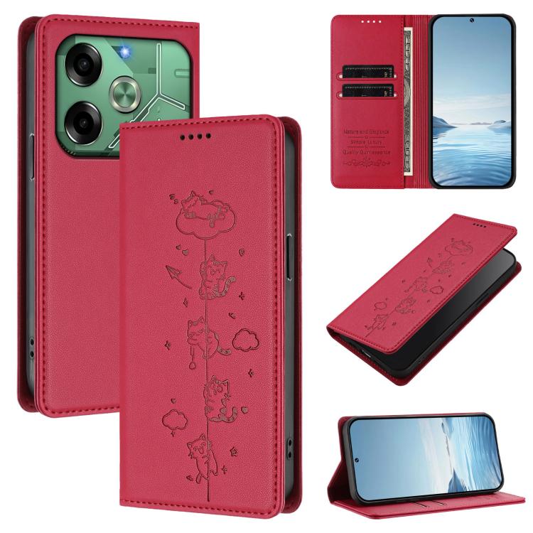 Cute Cats Embossed Magnetic RFID Vegan Leather Phone Case, For Tecno Spark 30 Pro 4G, For Tecno Spark 30 4G, For Tecno Spark Go 5G 2025 / Infinix Hot 60i 5G, For Tecno Spark 30C 4G, For Tecno Spark 20 Pro 5G, For Tecno Spark 10 Pro Magic Magenta       ...