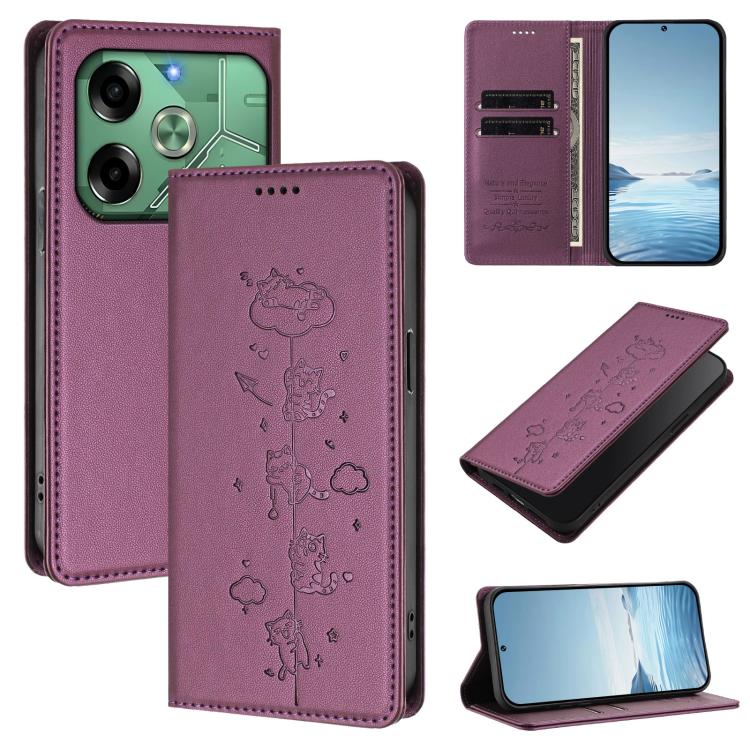 Cute Cats Embossed Magnetic RFID Vegan Leather Phone Case, For Tecno Spark 30 Pro 4G, For Tecno Spark 30 4G, For Tecno Spark Go 5G 2025 / Infinix Hot 60i 5G, For Tecno Spark 30C 4G, For Tecno Spark 20 Pro 5G, For Tecno Spark 10 Pro Magic Magenta       ...