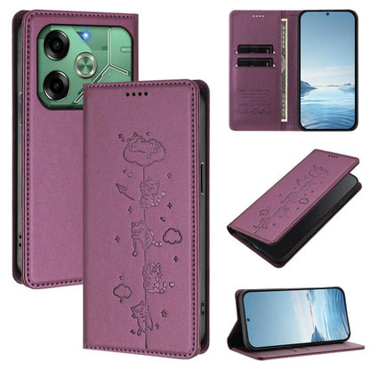 Cute Cats Embossed Magnetic RFID Vegan Leather Phone Case, For Tecno Spark 30 Pro 4G, For Tecno Spark 30 4G, For Tecno Spark Go 5G 2025 / Infinix Hot 60i 5G, For Tecno Spark 30C 4G, For Tecno Spark 20 Pro 5G, For Tecno Spark 10 Pro Magic Magenta       ...