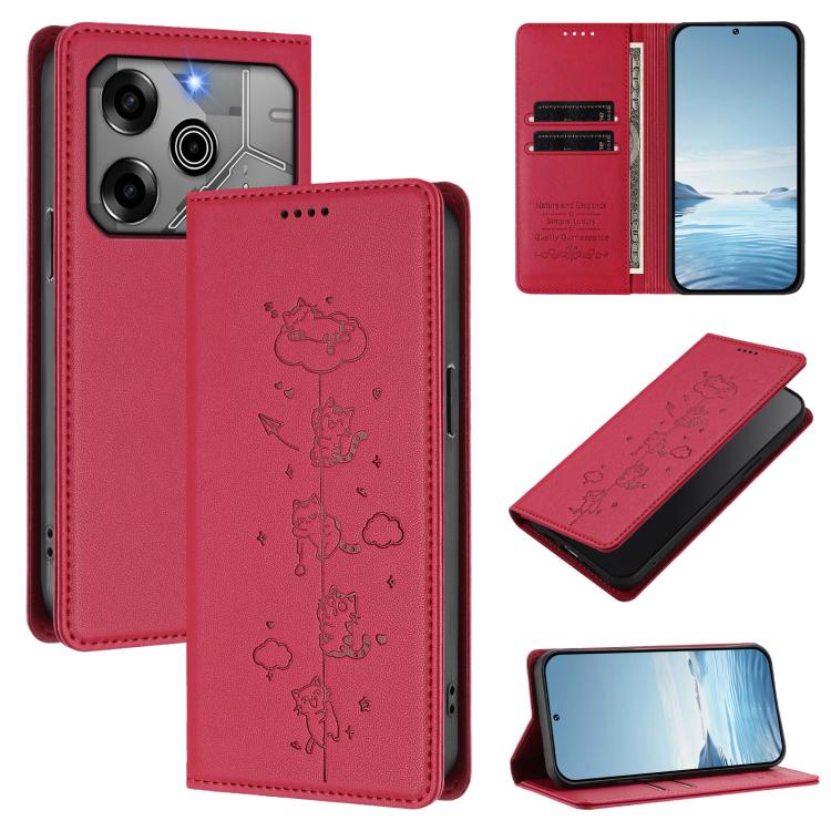 Cute Cats Embossed Magnetic RFID Vegan Leather Phone Case, For Tecno Spark 30 Pro 4G, For Tecno Spark 30 4G, For Tecno Spark Go 5G 2025 / Infinix Hot 60i 5G, For Tecno Spark 30C 4G, For Tecno Spark 20 Pro 5G, For Tecno Spark 10 Pro Magic Magenta       ...