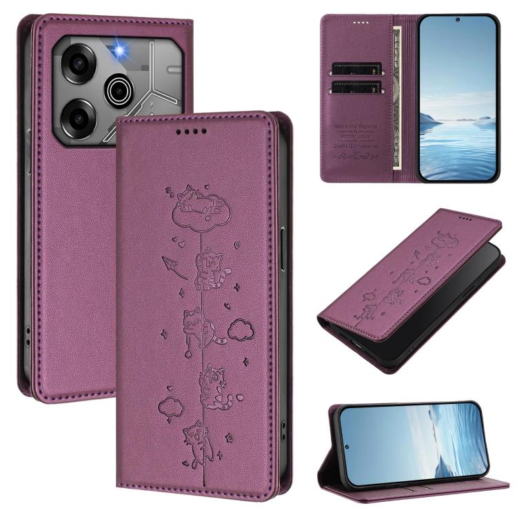 Cute Cats Embossed Magnetic RFID Vegan Leather Phone Case, For Tecno Spark 30 Pro 4G, For Tecno Spark 30 4G, For Tecno Spark Go 5G 2025 / Infinix Hot 60i 5G, For Tecno Spark 30C 4G, For Tecno Spark 20 Pro 5G, For Tecno Spark 10 Pro Magic Magenta       ...