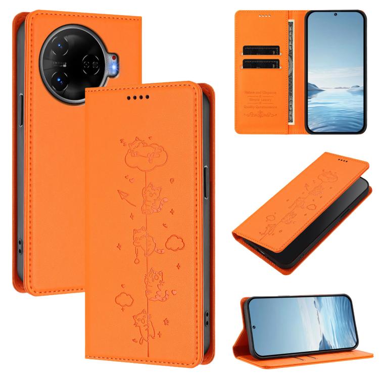 Cute Cats Embossed Magnetic RFID Vegan Leather Phone Case, For Tecno Spark 30 Pro 4G, For Tecno Spark 30 4G, For Tecno Spark Go 5G 2025 / Infinix Hot 60i 5G, For Tecno Spark 30C 4G, For Tecno Spark 20 Pro 5G, For Tecno Spark 10 Pro Magic Magenta       ...