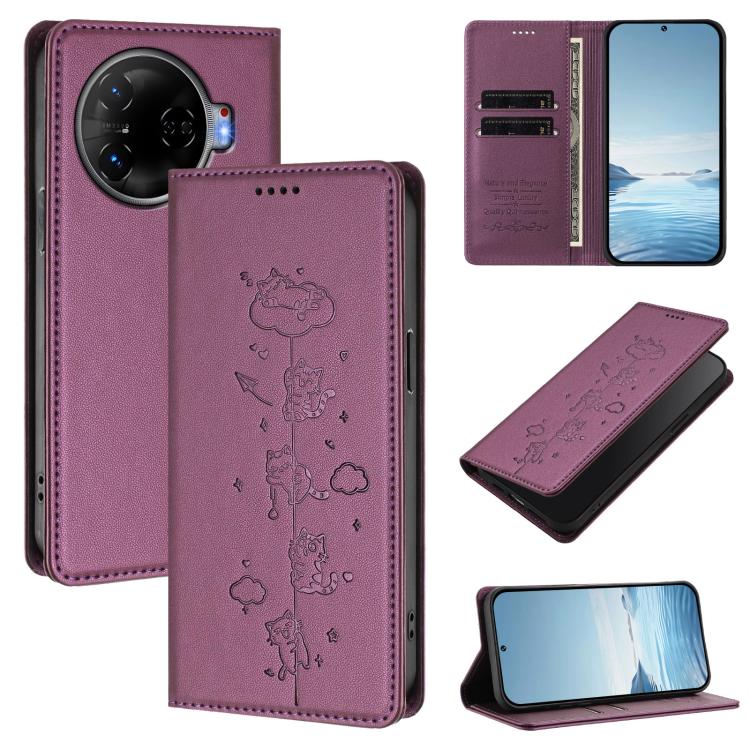 Cute Cats Embossed Magnetic RFID Vegan Leather Phone Case, For Tecno Spark 30 Pro 4G, For Tecno Spark 30 4G, For Tecno Spark Go 5G 2025 / Infinix Hot 60i 5G, For Tecno Spark 30C 4G, For Tecno Spark 20 Pro 5G, For Tecno Spark 10 Pro Magic Magenta       ...