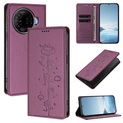 Cute Cats Embossed Magnetic RFID Vegan Leather Phone Case, For Tecno Spark 30 Pro 4G, For Tecno Spark 30 4G, For Tecno Spark Go 5G 2025 / Infinix Hot 60i 5G, For Tecno Spark 30C 4G, For Tecno Spark 20 Pro 5G, For Tecno Spark 10 Pro Magic Magenta       ...