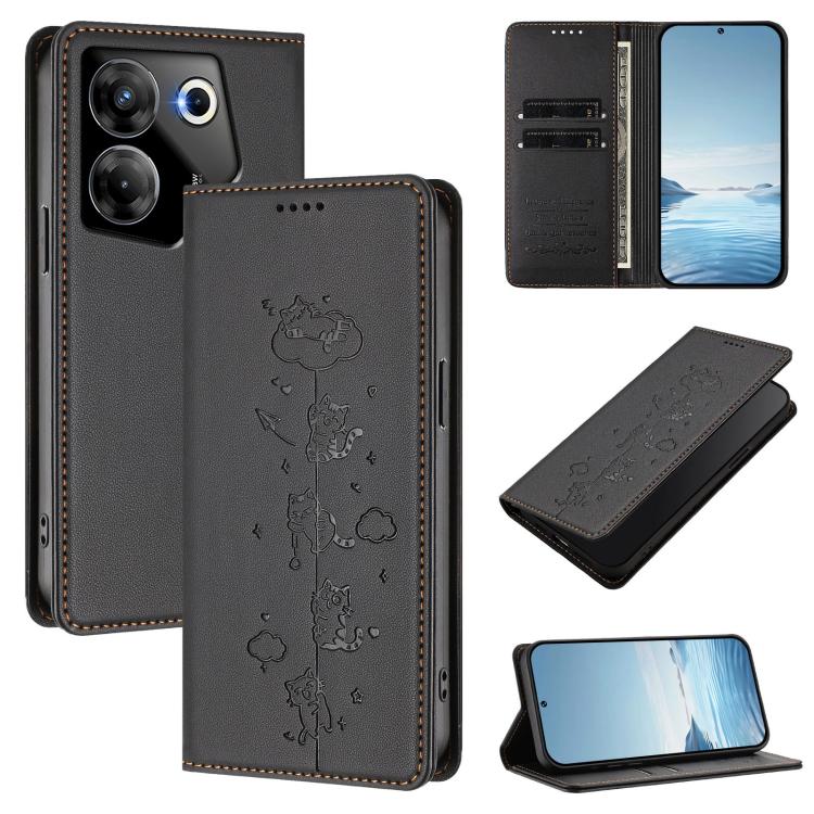 Cute Cats Embossed Magnetic RFID Vegan Leather Phone Case, For Tecno Camon 20 Pro 5G, For Tecno Camon 20 / 20 Pro 4G, For Tecno Spark Go 2023 / Pop 7, For Tecno Spark 10 5G, For Tecno Spark 10C / 10 4G, For Tecno Spark 10 Pro 4G