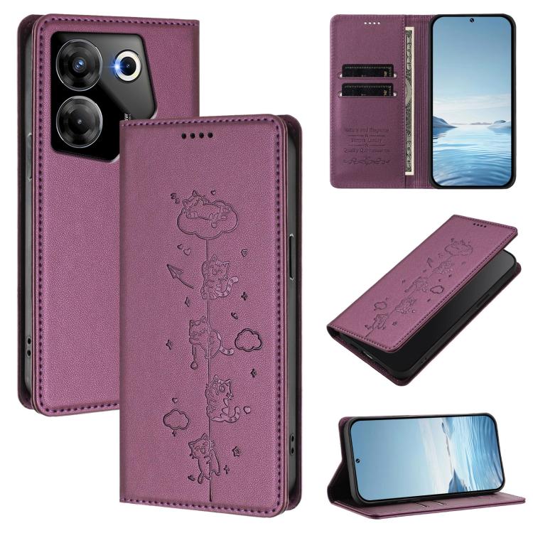 Cute Cats Embossed Magnetic RFID Vegan Leather Phone Case, For Tecno Camon 20 Pro 5G, For Tecno Camon 20 / 20 Pro 4G, For Tecno Spark Go 2023 / Pop 7, For Tecno Spark 10 5G, For Tecno Spark 10C / 10 4G, For Tecno Spark 10 Pro 4G