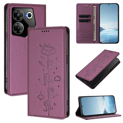 Cute Cats Embossed Magnetic RFID Vegan Leather Phone Case, For Tecno Camon 20 Pro 5G, For Tecno Camon 20 / 20 Pro 4G, For Tecno Spark Go 2023 / Pop 7, For Tecno Spark 10 5G, For Tecno Spark 10C / 10 4G, For Tecno Spark 10 Pro 4G