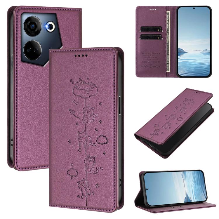 Cute Cats Embossed Magnetic RFID Vegan Leather Phone Case, For Tecno Camon 20 Pro 5G, For Tecno Camon 20 / 20 Pro 4G, For Tecno Spark Go 2023 / Pop 7, For Tecno Spark 10 5G, For Tecno Spark 10C / 10 4G, For Tecno Spark 10 Pro 4G