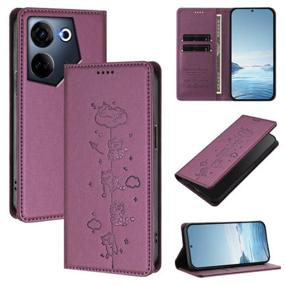 Cute Cats Embossed Magnetic RFID Vegan Leather Phone Case, For Tecno Camon 20 Pro 5G, For Tecno Camon 20 / 20 Pro 4G, For Tecno Spark Go 2023 / Pop 7, For Tecno Spark 10 5G, For Tecno Spark 10C / 10 4G, For Tecno Spark 10 Pro 4G
