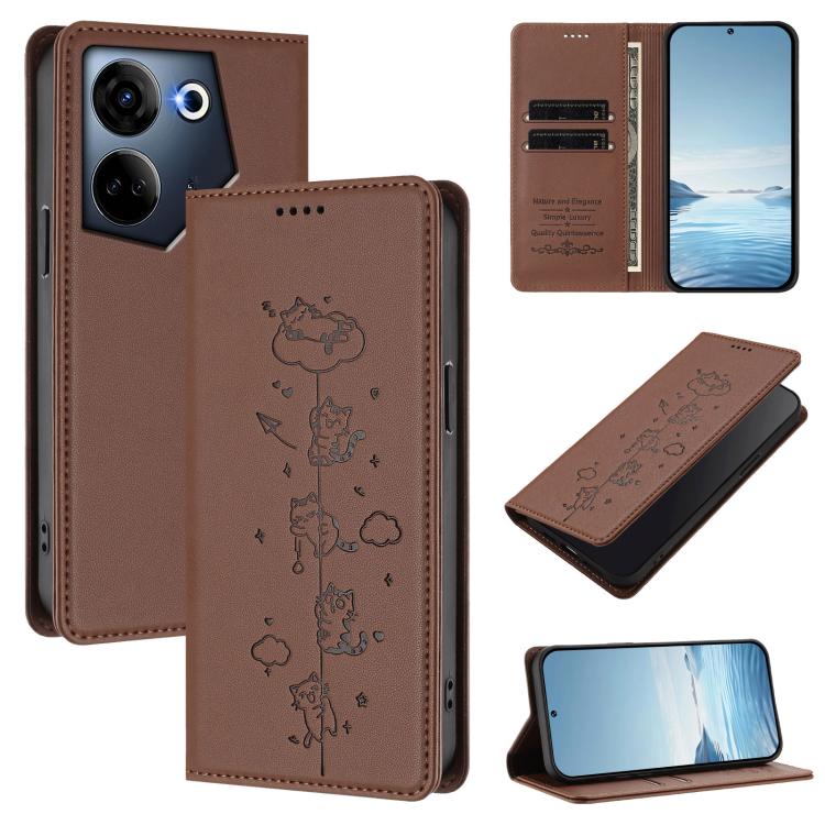 Cute Cats Embossed Magnetic RFID Vegan Leather Phone Case, For Tecno Camon 20 Pro 5G, For Tecno Camon 20 / 20 Pro 4G, For Tecno Spark Go 2023 / Pop 7, For Tecno Spark 10 5G, For Tecno Spark 10C / 10 4G, For Tecno Spark 10 Pro 4G