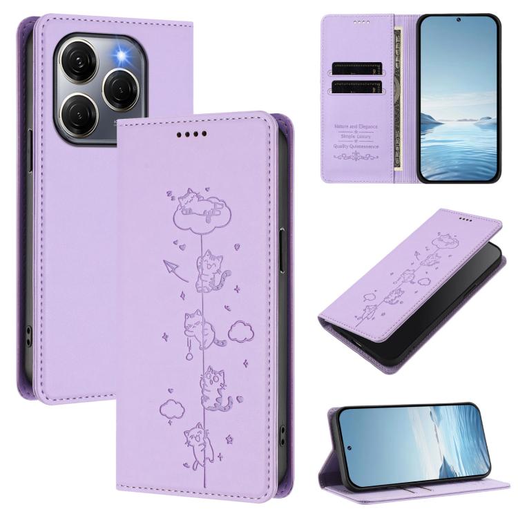 Cute Cats Embossed Magnetic RFID Vegan Leather Phone Case, For Tecno Spark 30 Pro 4G, For Tecno Spark 30 4G, For Tecno Spark Go 5G 2025 / Infinix Hot 60i 5G, For Tecno Spark 30C 4G, For Tecno Spark 20 Pro 5G, For Tecno Spark 10 Pro Magic Magenta       ...