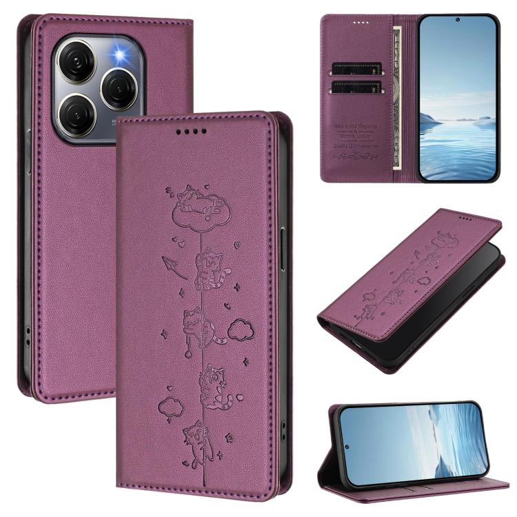 Cute Cats Embossed Magnetic RFID Vegan Leather Phone Case, For Tecno Spark 30 Pro 4G, For Tecno Spark 30 4G, For Tecno Spark Go 5G 2025 / Infinix Hot 60i 5G, For Tecno Spark 30C 4G, For Tecno Spark 20 Pro 5G, For Tecno Spark 10 Pro Magic Magenta       ...