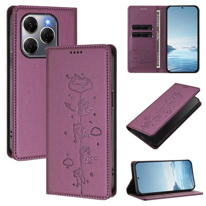 Cute Cats Embossed Magnetic RFID Vegan Leather Phone Case, For Tecno Spark 30 Pro 4G, For Tecno Spark 30 4G, For Tecno Spark Go 5G 2025 / Infinix Hot 60i 5G, For Tecno Spark 30C 4G, For Tecno Spark 20 Pro 5G, For Tecno Spark 10 Pro Magic Magenta       ...