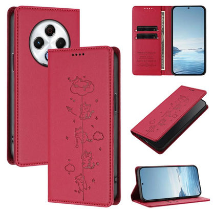 Cute Cats Embossed Magnetic RFID Vegan Leather Phone Case, For Tecno Spark 30 Pro 4G, For Tecno Spark 30 4G, For Tecno Spark Go 5G 2025 / Infinix Hot 60i 5G, For Tecno Spark 30C 4G, For Tecno Spark 20 Pro 5G, For Tecno Spark 10 Pro Magic Magenta       ...