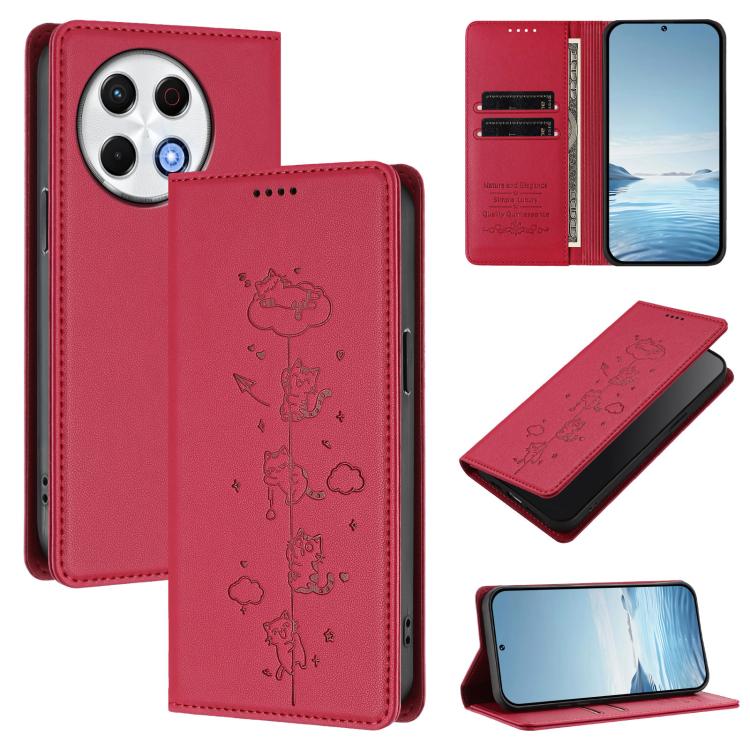 Cute Cats Embossed Magnetic RFID Vegan Leather Phone Case, For Tecno Spark 30 Pro 4G, For Tecno Spark 30 4G, For Tecno Spark Go 5G 2025 / Infinix Hot 60i 5G, For Tecno Spark 30C 4G, For Tecno Spark 20 Pro 5G, For Tecno Spark 10 Pro Magic Magenta       ...