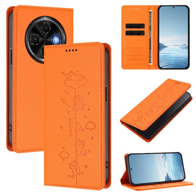 Cute Cats Embossed Magnetic RFID Vegan Leather Phone Case, For Tecno Spark 30 Pro 4G, For Tecno Spark 30 4G, For Tecno Spark Go 5G 2025 / Infinix Hot 60i 5G, For Tecno Spark 30C 4G, For Tecno Spark 20 Pro 5G, For Tecno Spark 10 Pro Magic Magenta       ...