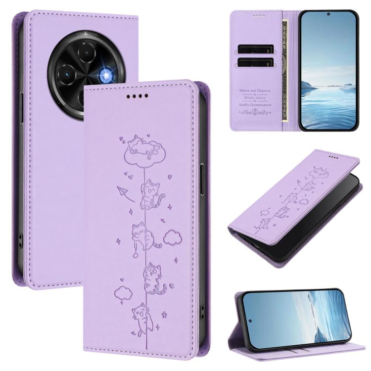 Cute Cats Embossed Magnetic RFID Vegan Leather Phone Case, For Tecno Spark 30 Pro 4G, For Tecno Spark 30 4G, For Tecno Spark Go 5G 2025 / Infinix Hot 60i 5G, For Tecno Spark 30C 4G, For Tecno Spark 20 Pro 5G, For Tecno Spark 10 Pro Magic Magenta       ...