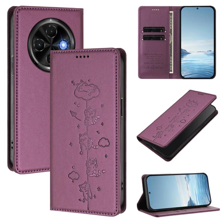 Cute Cats Embossed Magnetic RFID Vegan Leather Phone Case, For Tecno Spark 30 Pro 4G, For Tecno Spark 30 4G, For Tecno Spark Go 5G 2025 / Infinix Hot 60i 5G, For Tecno Spark 30C 4G, For Tecno Spark 20 Pro 5G, For Tecno Spark 10 Pro Magic Magenta       ...