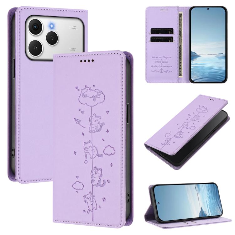 Cute Cats Embossed Magnetic RFID Vegan Leather Phone Case, For Tecno Spark 40 4G, For Tecno Pova 7 Ultra 5G, For Tecno Spark Go 1S / Go 1, For Tecno Camon 40 Pro 4G, For Tecno Camon 40 Premier, For Tecno Camon 40 4G, For Tecno Spark 30C 5G / Pop 9 5G  ...