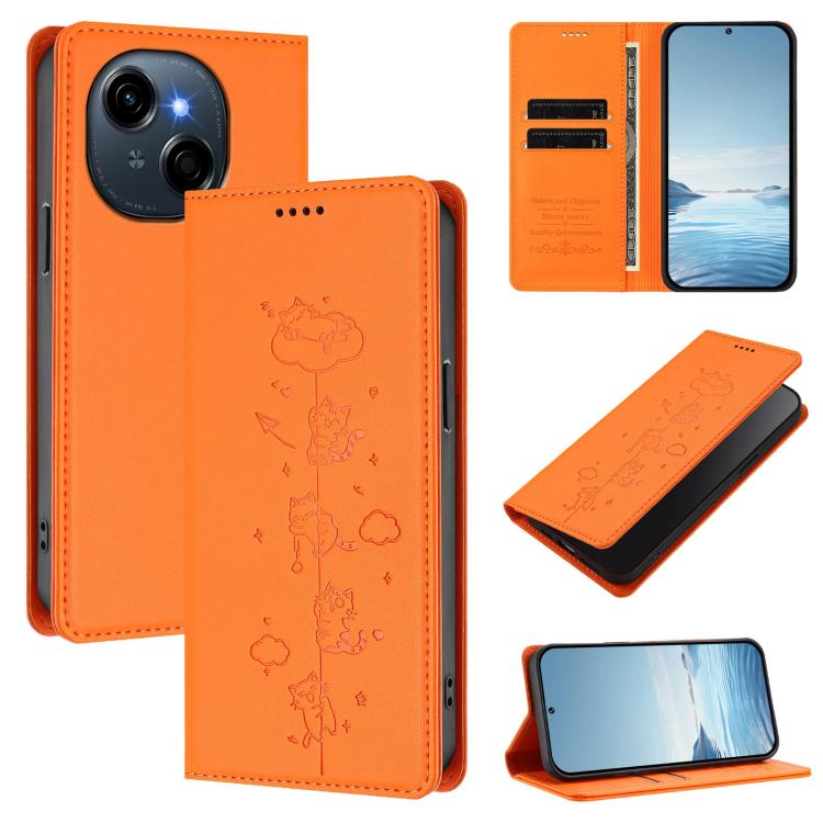 Cute Cats Embossed Magnetic RFID Vegan Leather Phone Case, For Tecno Spark 40 4G, For Tecno Pova 7 Ultra 5G, For Tecno Spark Go 1S / Go 1, For Tecno Camon 40 Pro 4G, For Tecno Camon 40 Premier, For Tecno Camon 40 4G, For Tecno Spark 30C 5G / Pop 9 5G  ...