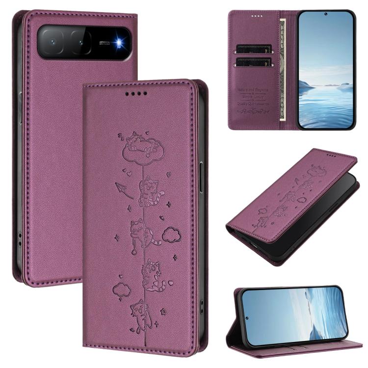 Cute Cats Embossed Magnetic RFID Vegan Leather Phone Case, For Tecno Spark 30 Pro 4G, For Tecno Spark 30 4G, For Tecno Spark Go 5G 2025 / Infinix Hot 60i 5G, For Tecno Spark 30C 4G, For Tecno Spark 20 Pro 5G, For Tecno Spark 10 Pro Magic Magenta       ...
