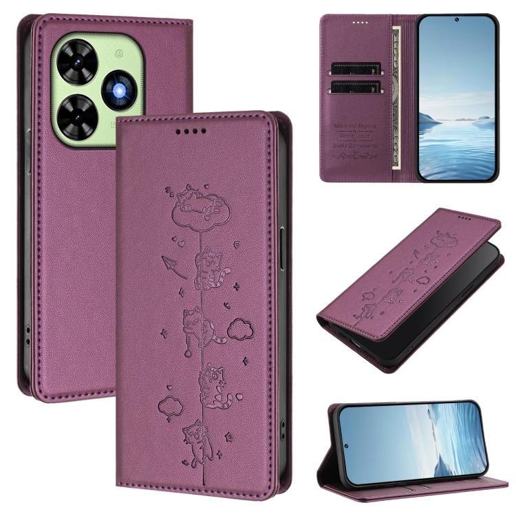 Cute Cats Embossed Magnetic RFID Vegan Leather Phone Case, For Tecno Camon 30 Premier, For Tecno Camon 30 5G / 4G, For Tecno Spark 20 Pro+ 4G, For Tecno Spark 20 Pro / Infinix Hot 40 4G, For Tecno Spark Go 2024 / 20 4G, For Tecno Pova 5 Pro 5G         ...