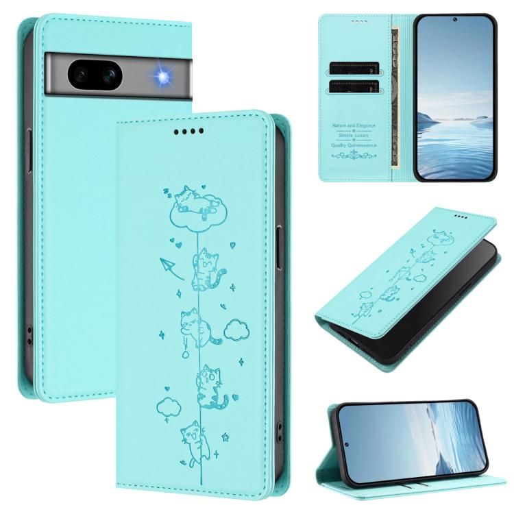 Cute Cats Embossed Magnetic RFID Vegan Leather Phone Case, For Google Pixel 7a