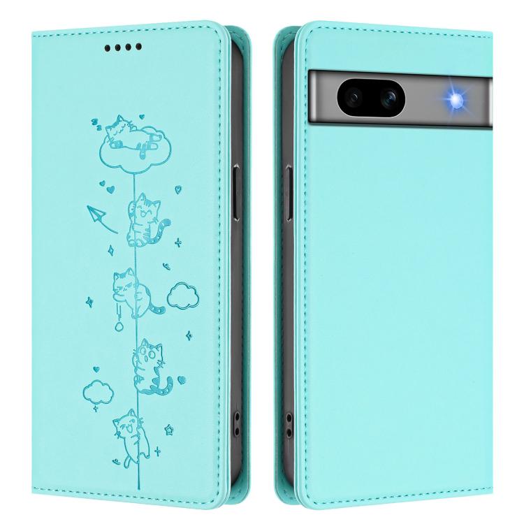Cute Cats Embossed Magnetic RFID Vegan Leather Phone Case, For Google Pixel 7a