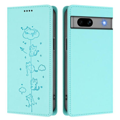 Cute Cats Embossed Magnetic RFID Vegan Leather Phone Case, For Google Pixel 7a