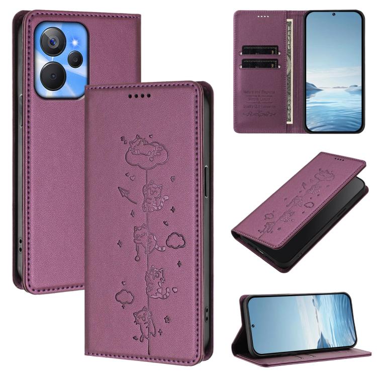 Cute Cats Embossed Magnetic RFID Vegan Leather Phone Case, For Realme 10T 5G / 10s 5G, For Realme GT3