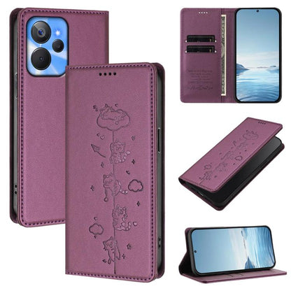 Cute Cats Embossed Magnetic RFID Vegan Leather Phone Case, For Realme 10T 5G / 10s 5G, For Realme GT3