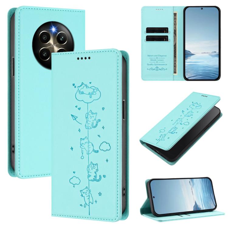 Cute Cats Embossed Magnetic RFID Vegan Leather Phone Case, For Realme 12 Pro 5G / 12 Pro+ 5G Global, For Realme C53 / C51 4G Global, For Realme 11 5G Global / C67 5G India, For Realme 11 4G Global, For Realme GT5 240W / GT5, For Realme Narzo 60 Pro Glo...