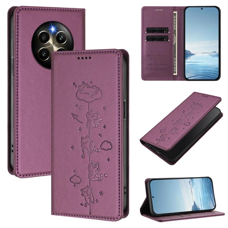 Cute Cats Embossed Magnetic RFID Vegan Leather Phone Case, For Realme 12 Pro 5G / 12 Pro+ 5G Global, For Realme C53 / C51 4G Global, For Realme 11 5G Global / C67 5G India, For Realme 11 4G Global, For Realme GT5 240W / GT5, For Realme Narzo 60 Pro Glo...