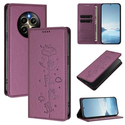 Cute Cats Embossed Magnetic RFID Vegan Leather Phone Case, For Realme 12 Pro 5G / 12 Pro+ 5G Global, For Realme C53 / C51 4G Global, For Realme 11 5G Global / C67 5G India, For Realme 11 4G Global, For Realme GT5 240W / GT5, For Realme Narzo 60 Pro Glo...