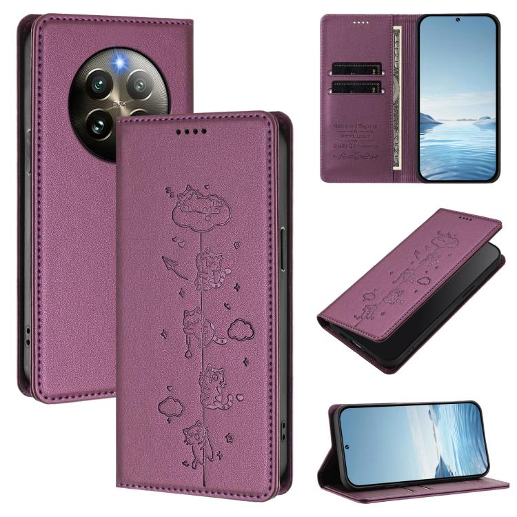 Cute Cats Embossed Magnetic RFID Vegan Leather Phone Case, For Realme 14 Pro+ 5G Global, For Realme GT7 Pro Racing / GT 7 Pro, For Realme C63 5G Global, For Realme 12 5G / 12x 5G Global, For Realme 13+ 5G Global, For Realme 13 4G / 12 4G Global        ...