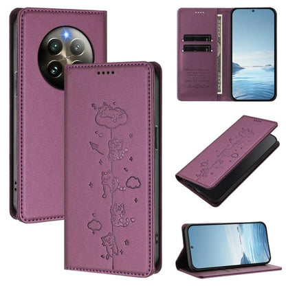Cute Cats Embossed Magnetic RFID Vegan Leather Phone Case, For Realme 14 Pro+ 5G Global, For Realme GT7 Pro Racing / GT 7 Pro, For Realme C63 5G Global, For Realme 12 5G / 12x 5G Global, For Realme 13+ 5G Global, For Realme 13 4G / 12 4G Global        ...