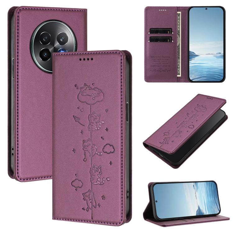 Cute Cats Embossed Magnetic RFID Vegan Leather Phone Case, For Realme 14 Pro+ 5G Global, For Realme GT7 Pro Racing / GT 7 Pro, For Realme C63 5G Global, For Realme 12 5G / 12x 5G Global, For Realme 13+ 5G Global, For Realme 13 4G / 12 4G Global        ...