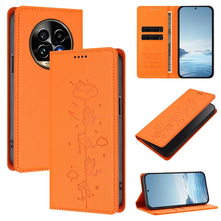 Cute Cats Embossed Magnetic RFID Vegan Leather Phone Case, For Realme 14 Pro+ 5G Global, For Realme GT7 Pro Racing / GT 7 Pro, For Realme C63 5G Global, For Realme 12 5G / 12x 5G Global, For Realme 13+ 5G Global, For Realme 13 4G / 12 4G Global        ...