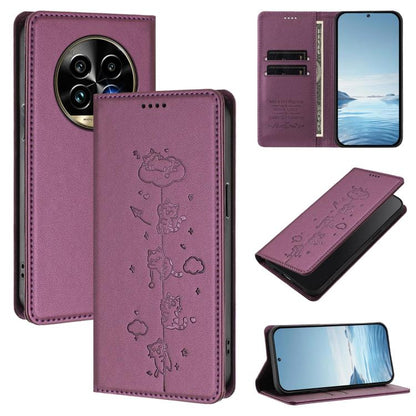 Cute Cats Embossed Magnetic RFID Vegan Leather Phone Case, For Realme 14 Pro+ 5G Global, For Realme GT7 Pro Racing / GT 7 Pro, For Realme C63 5G Global, For Realme 12 5G / 12x 5G Global, For Realme 13+ 5G Global, For Realme 13 4G / 12 4G Global        ...